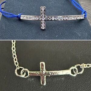 Silver Sideways Cross Bracelet & Anklet Set